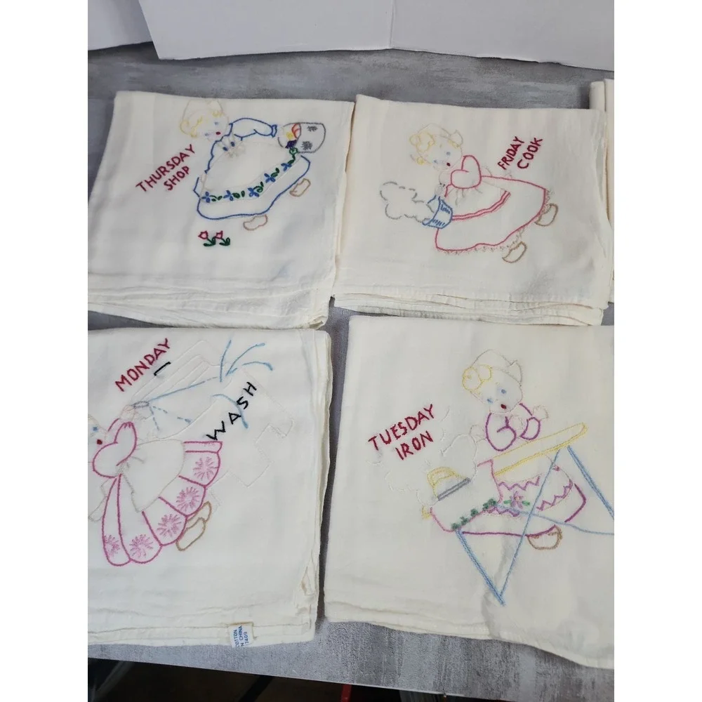 Set of Vintage 7 Days of the Week Household Chores Theme Tea Towels Embroidered